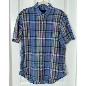 Ralph Lauren Madras Plaid Short Sleeve Button Down Shirt L 100% Cotton Preppy